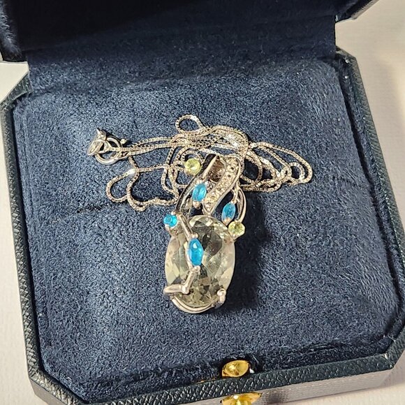 VTG 925 Natural Prasolite / Green Amethyst w/ Neon Apatite & Peridot Pendant 18" - Picture 2 of 11